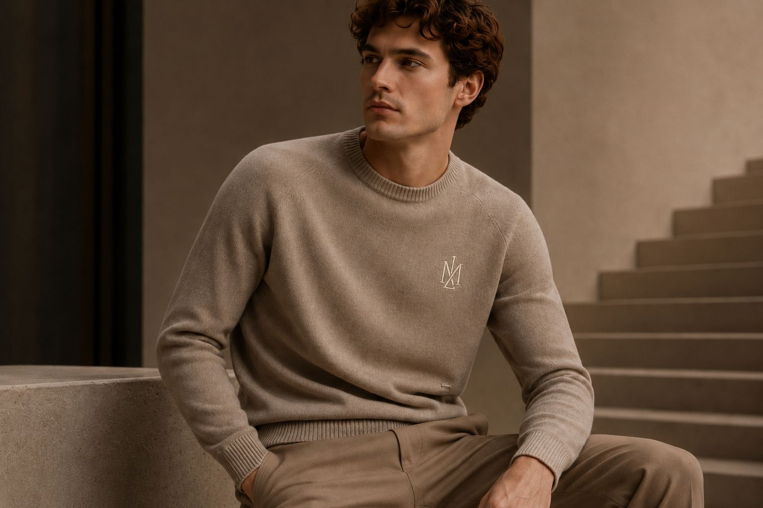 A model wearing the MONZARIÉ regular-fit beige knit sweater