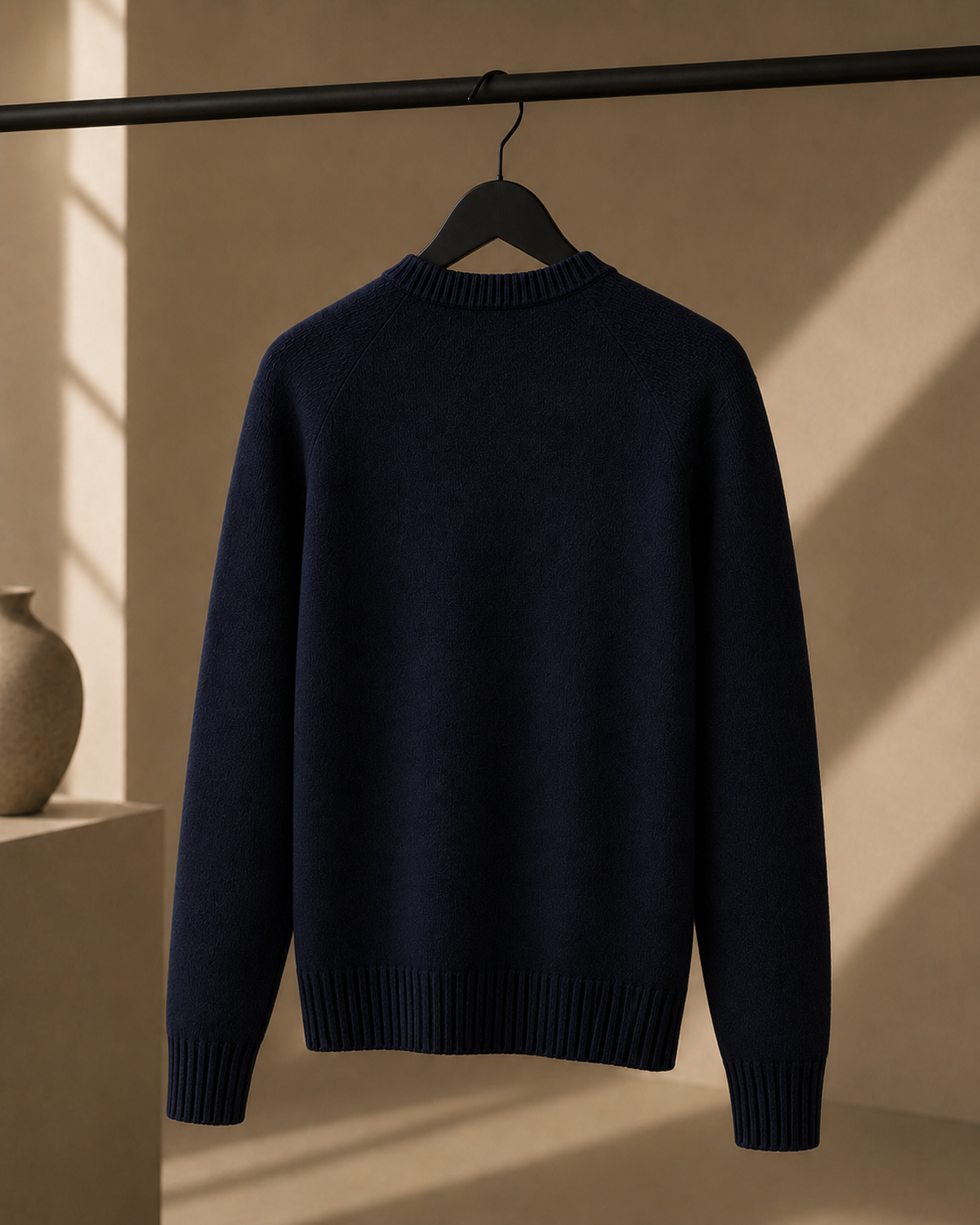 Back view of the MONZARIÉ knit sweater in Deep Navy, on a hanger