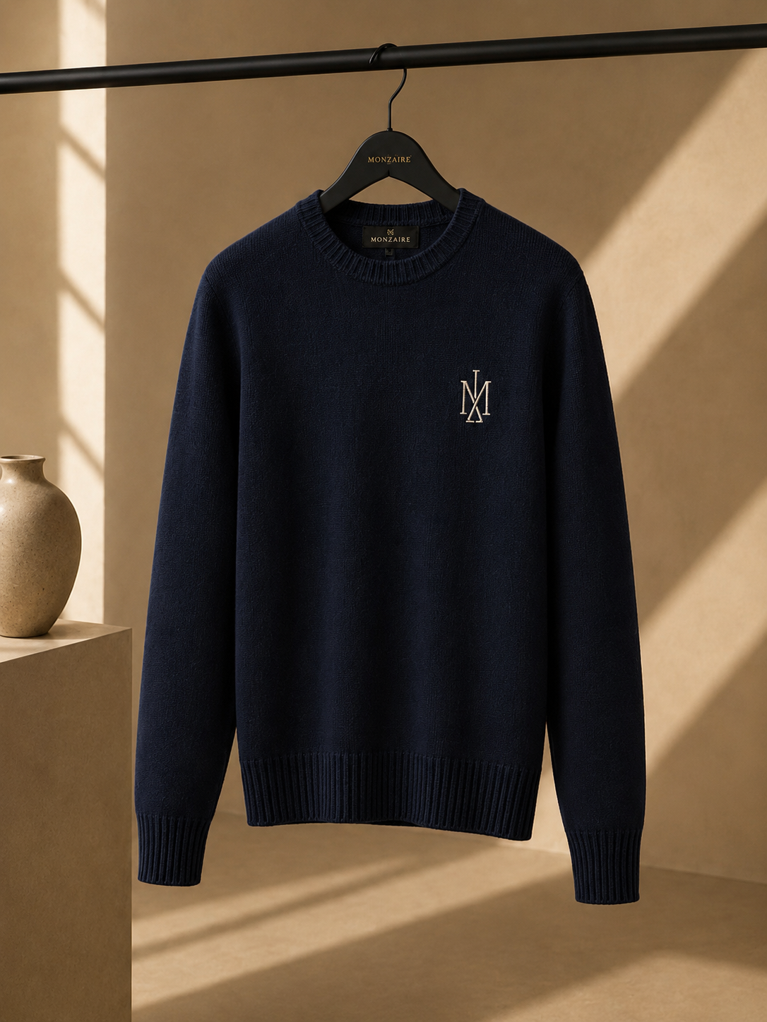 MONZARIÉ knit sweater in Deep Navy with embroidered monogram, on a hanger