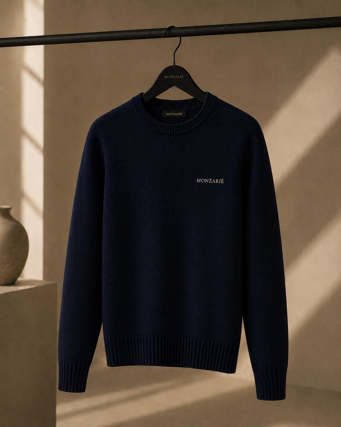 MONZARIÉ knit sweater in Midnight with embroidered monogram, on a hanger