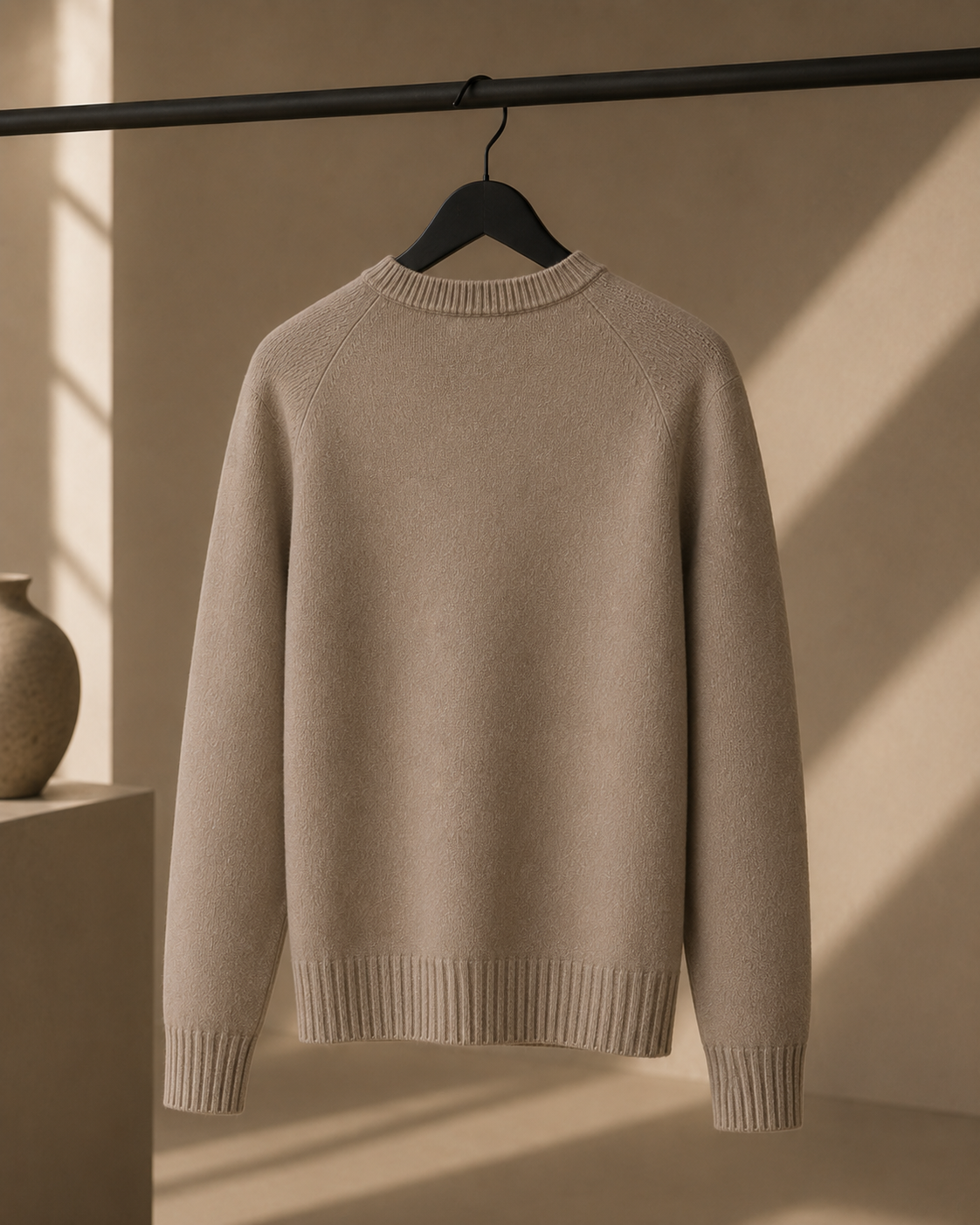 Back view of the MONZARIÉ knit sweater in Sand Beige, on a hanger
