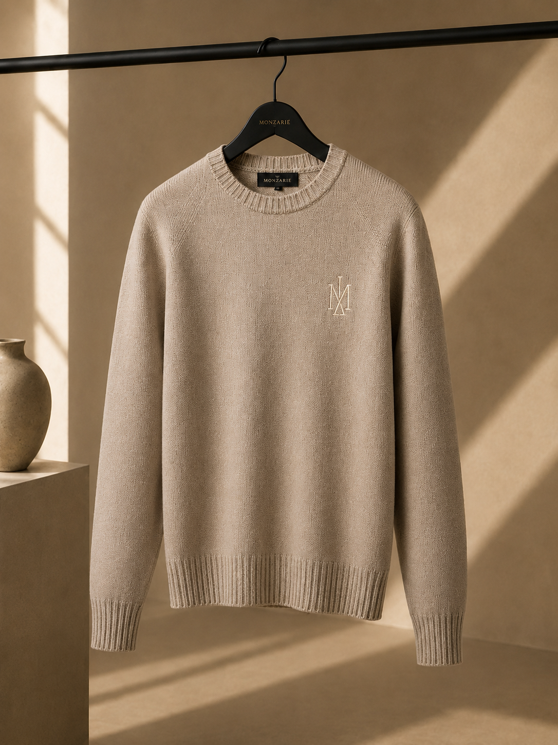 MONZARIÉ knit sweater in Sand Beige with embroidered monogram, on a hanger