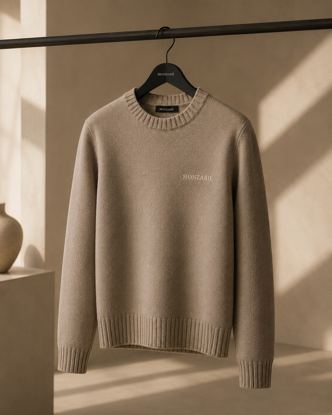 MONZARIÉ knit sweater in Warm Taupe with embroidered monogram, on a hanger
