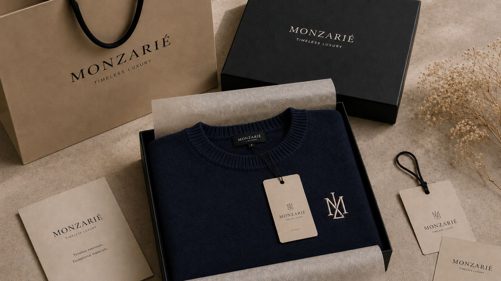 MONZARIÉ packaging — beige cotton bag, matte black box, tissue, hangtag and brand cards