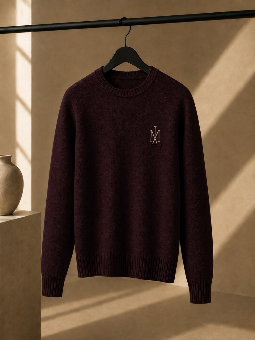MONZARIÉ Héritage Monogram knit sweater in Bordeaux Nocturne, on a hanger