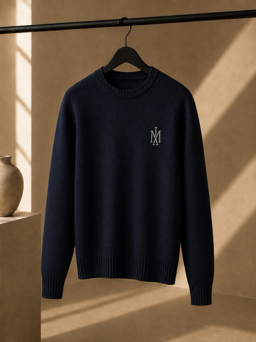 MONZARIÉ Héritage Monogram knit sweater in Midnight, on a hanger