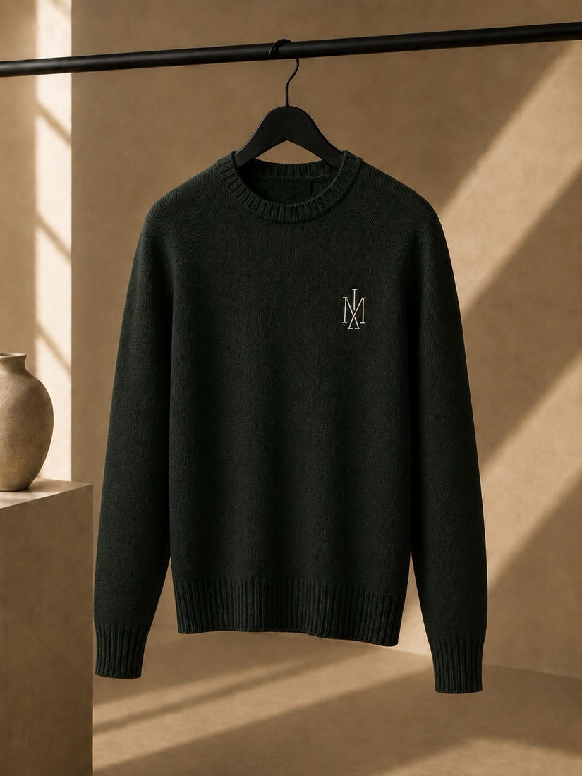 MONZARIÉ Héritage Monogram knit sweater in Forest Olive, on a hanger