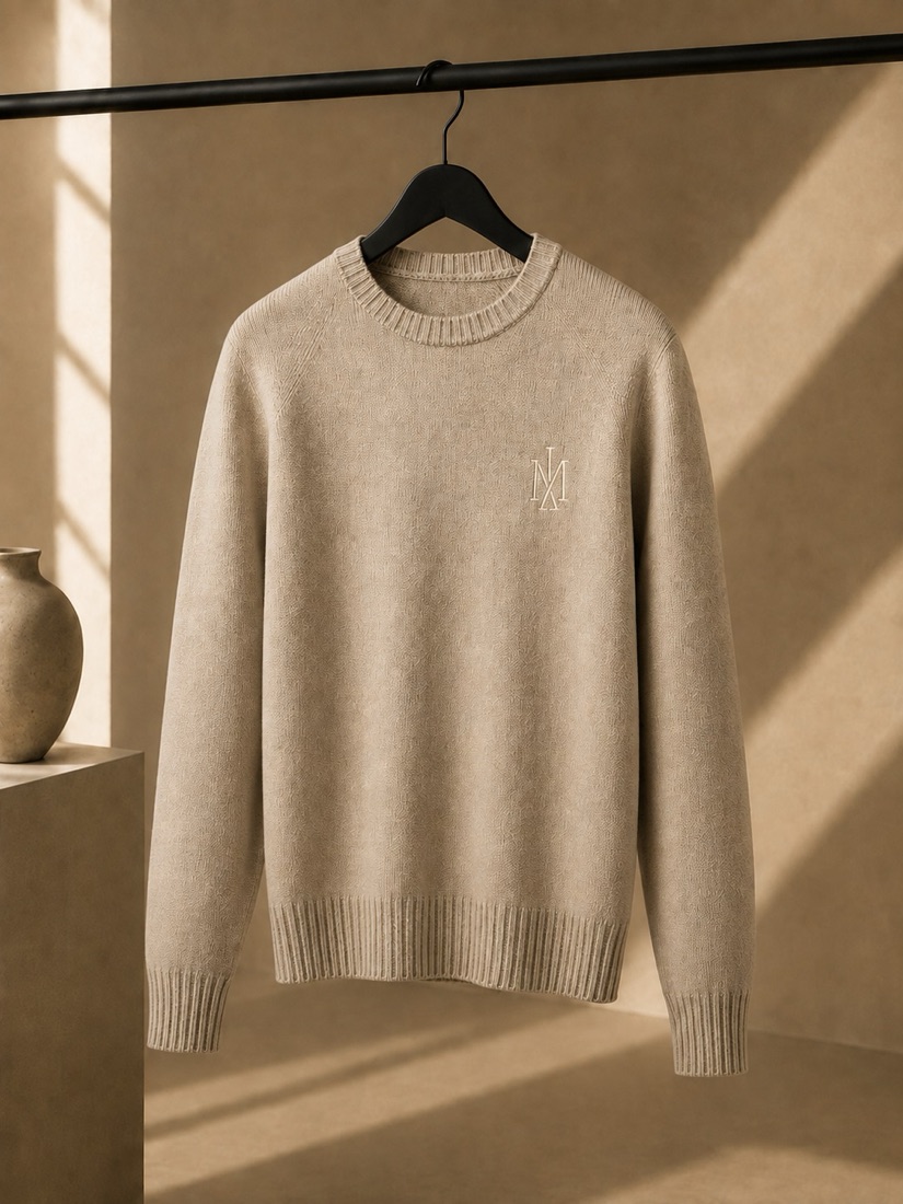 MONZARIÉ Héritage Monogram knit sweater in Sand Beige, on a hanger