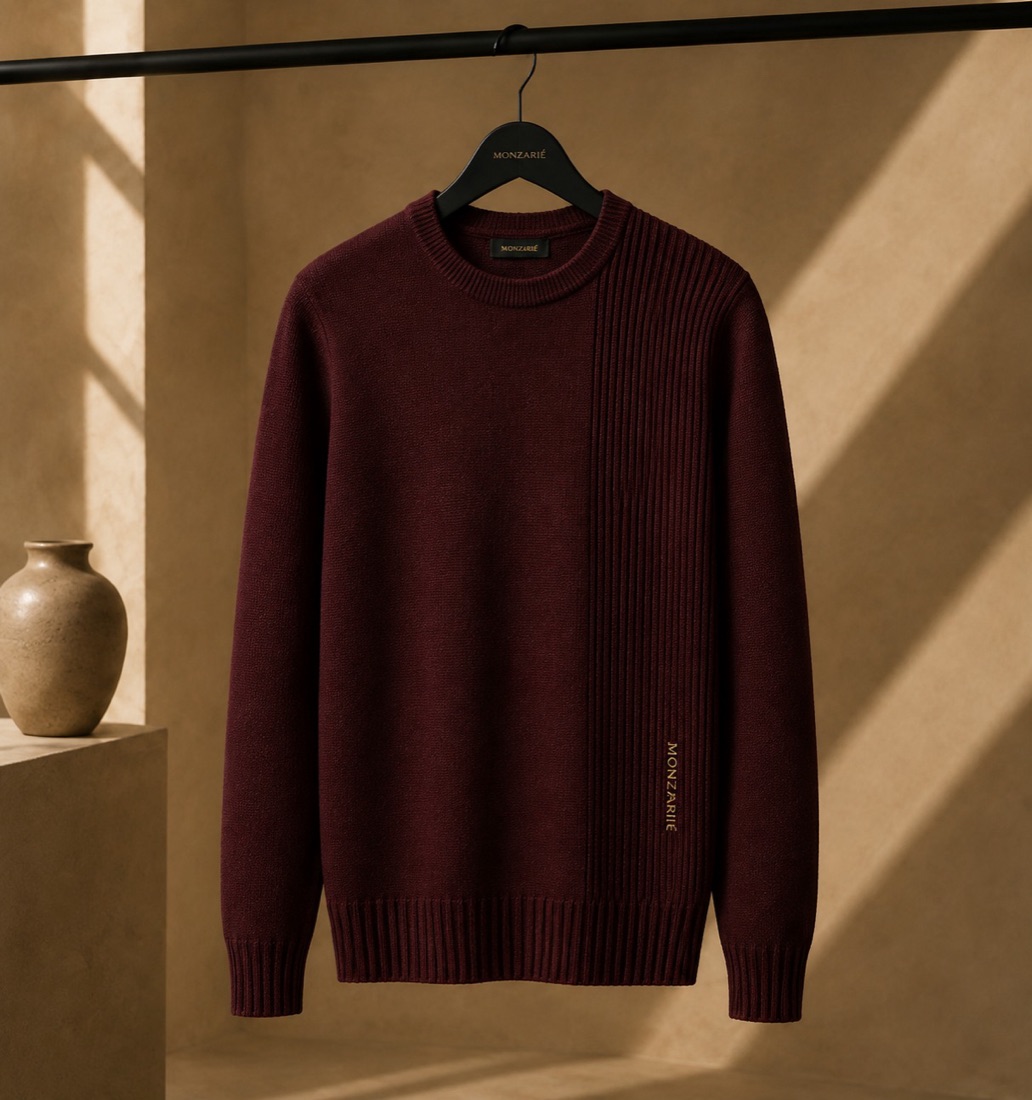 MONZARIÉ La Ligne knit sweater in Bordeaux Nocturne, on a hanger