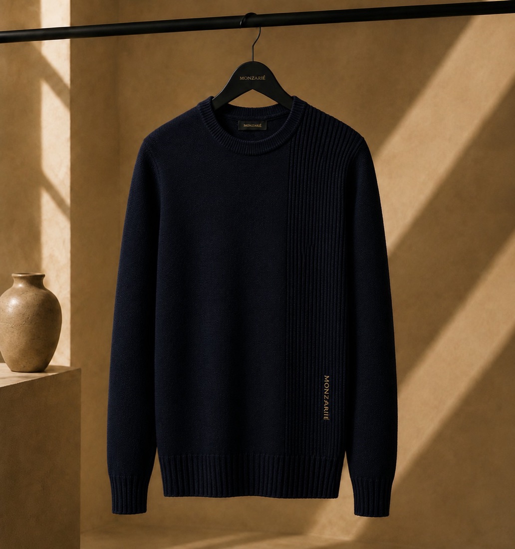 MONZARIÉ La Ligne knit sweater in Midnight, on a hanger