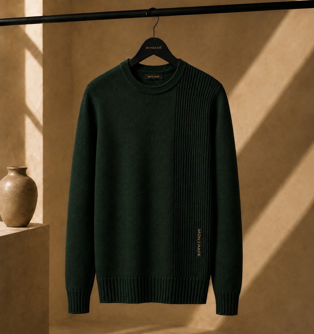 MONZARIÉ La Ligne knit sweater in Forest Olive, on a hanger