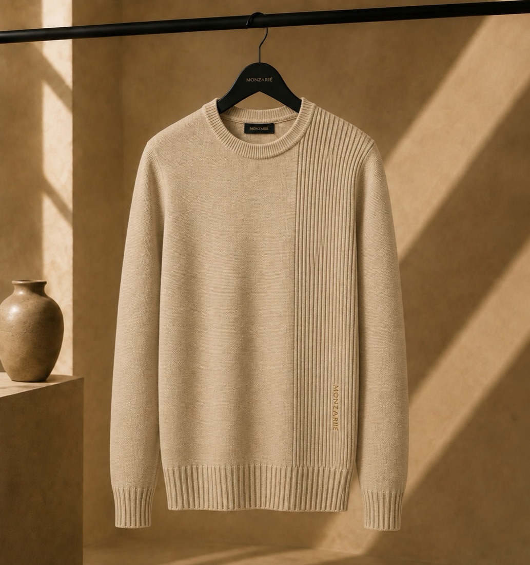 MONZARIÉ La Ligne knit sweater in Sand Beige, on a hanger