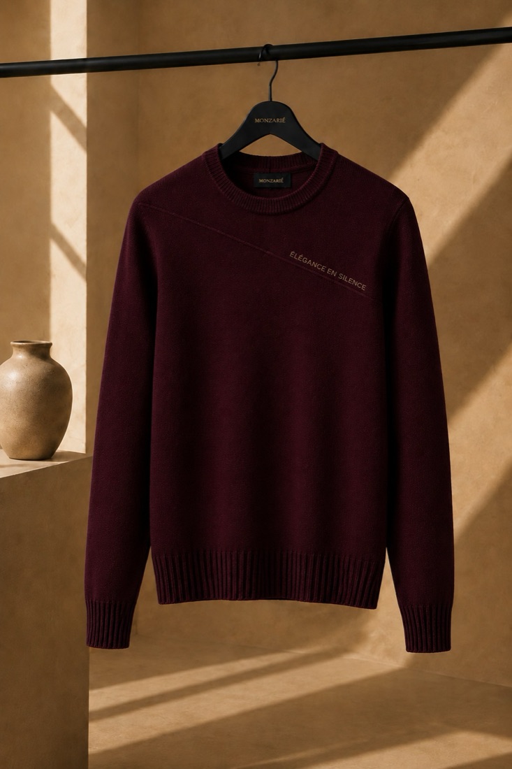 MONZARIÉ En Silence knit sweater in Bordeaux Nocturne, on a hanger