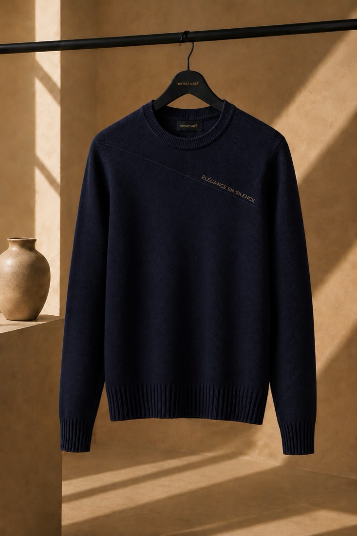 MONZARIÉ En Silence knit sweater in Midnight, on a hanger