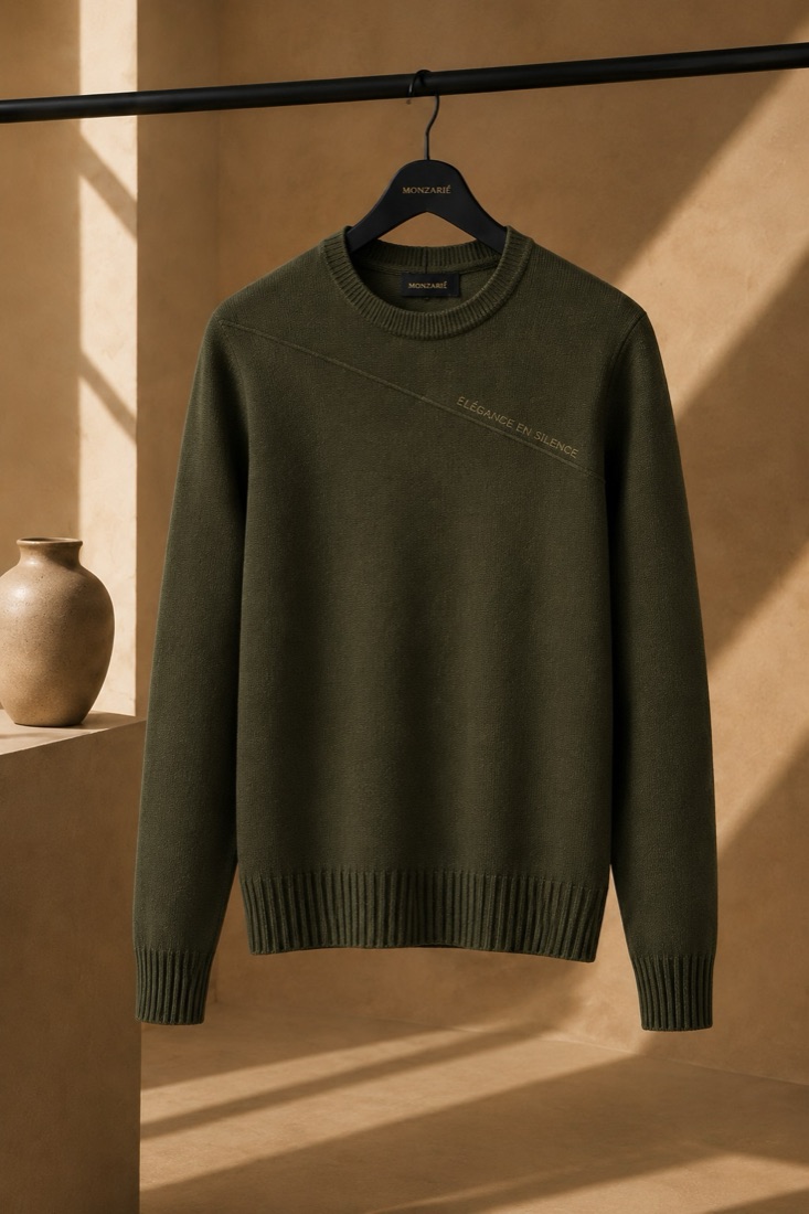 MONZARIÉ En Silence knit sweater in Forest Olive, on a hanger