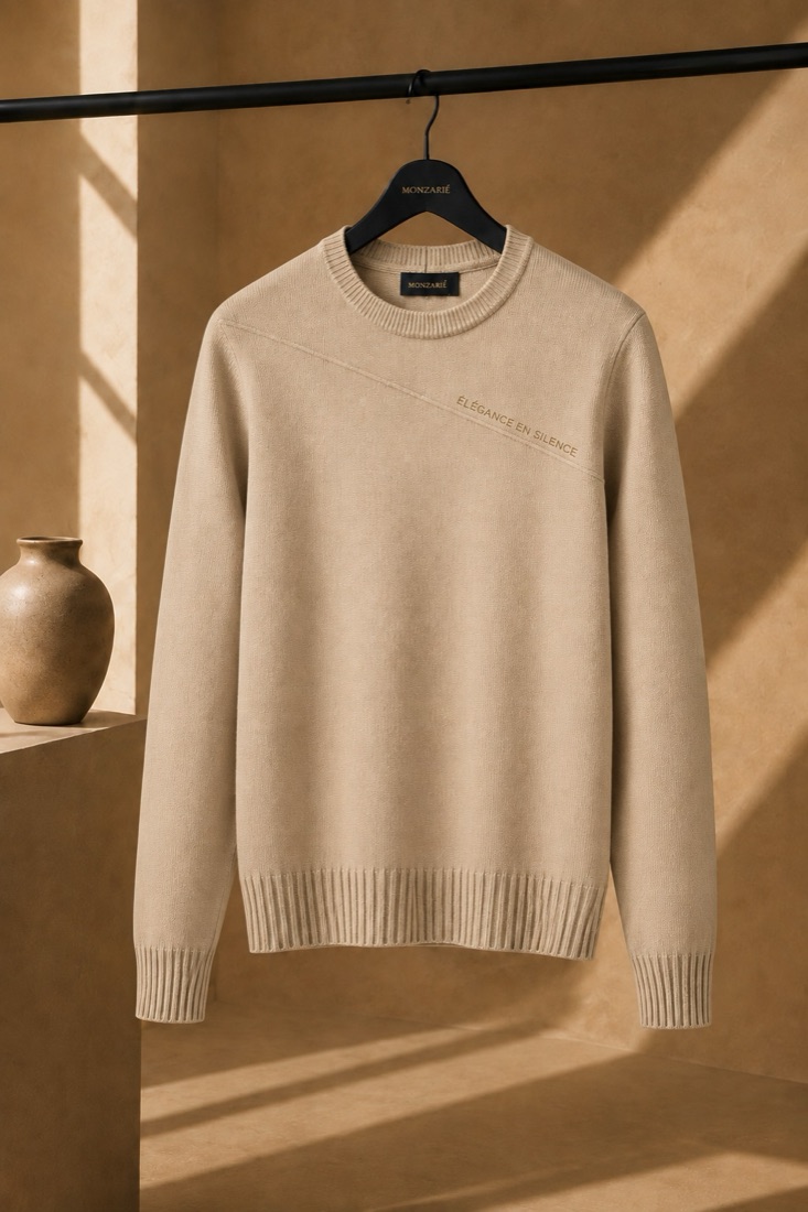 MONZARIÉ En Silence knit sweater in Sand Beige, on a hanger