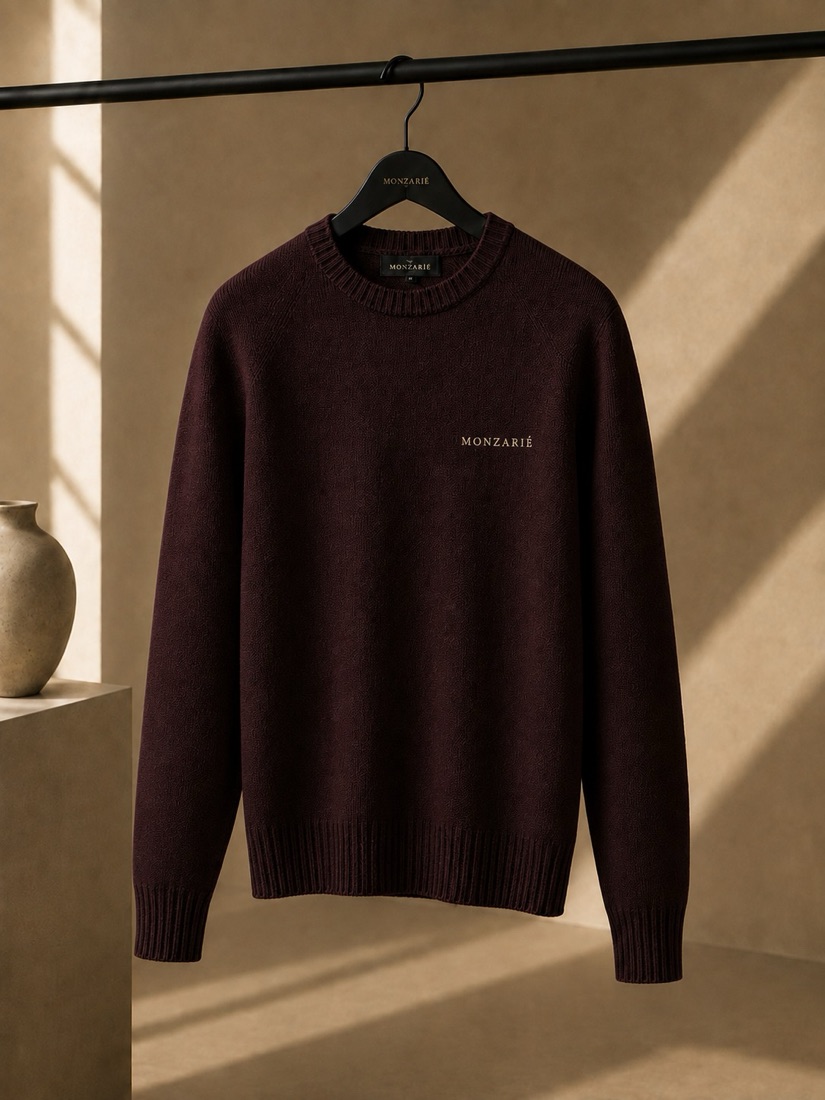 MONZARIÉ Signature Wordmark knit sweater in Bordeaux Nocturne, on a hanger