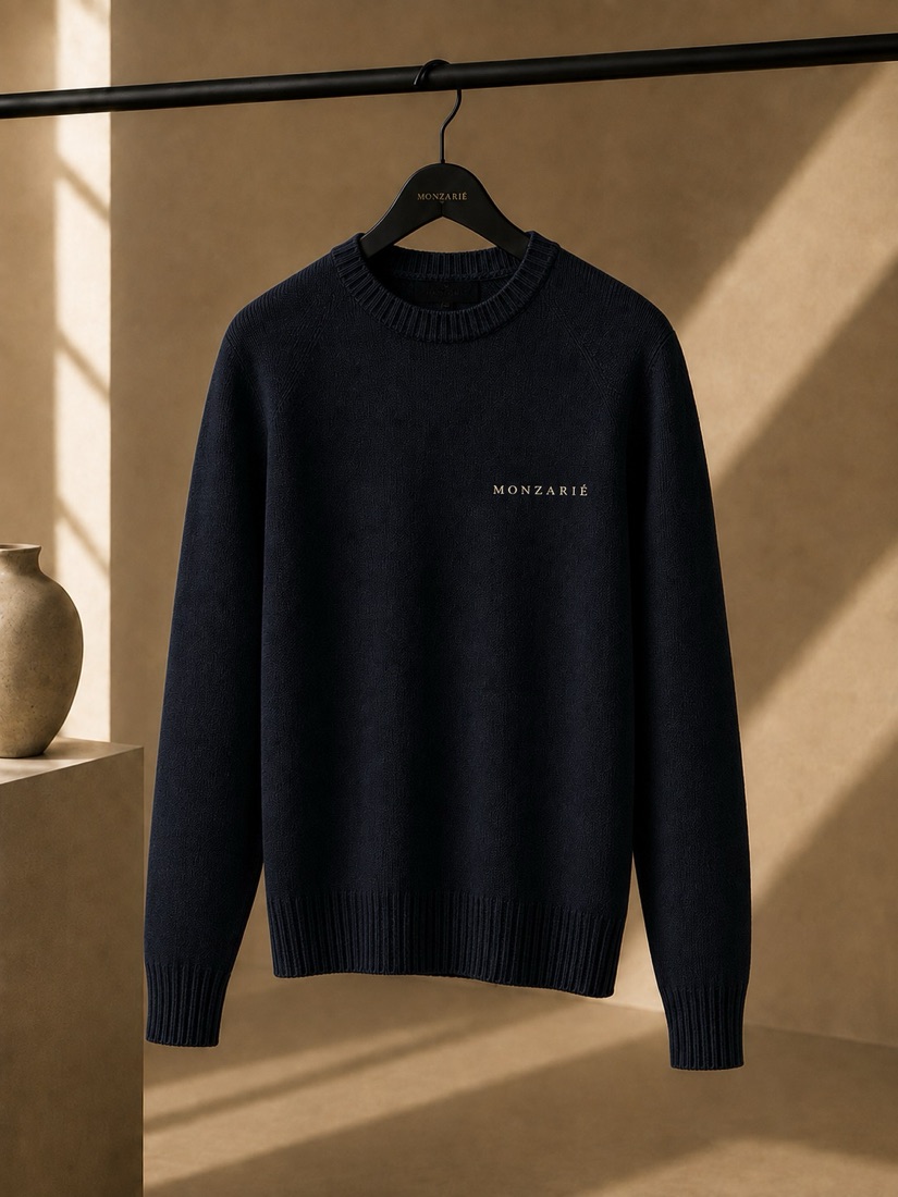 MONZARIÉ Signature Wordmark knit sweater in Midnight, on a hanger
