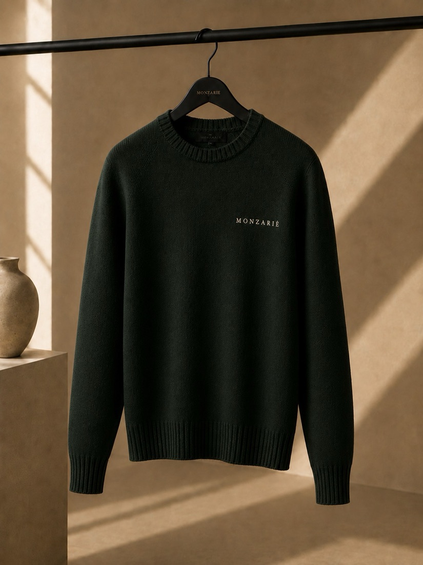 MONZARIÉ Signature Wordmark knit sweater in Forest Olive, on a hanger