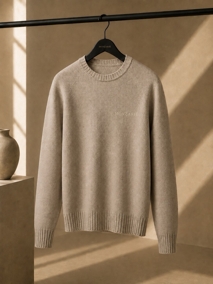 MONZARIÉ Signature Wordmark knit sweater in Sand Beige, on a hanger
